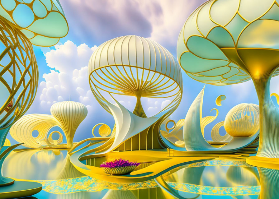 Pastel surreal landscape with organic architectural structures under blue sky