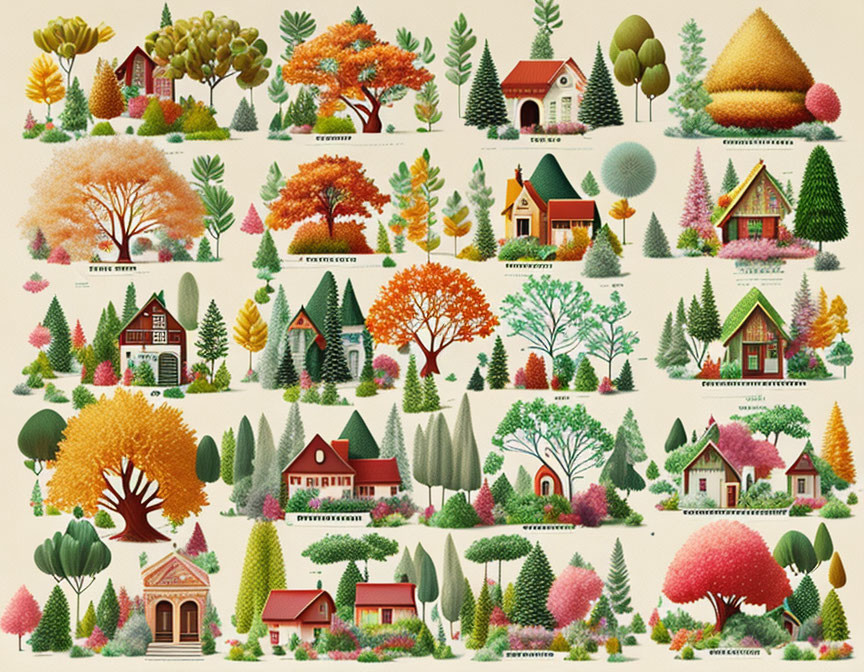 Illustrated chart of diverse trees and houses with labels