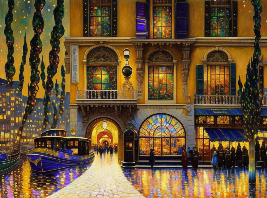 Colorful painting of illuminated building, canal, and cobblestone street at twilight