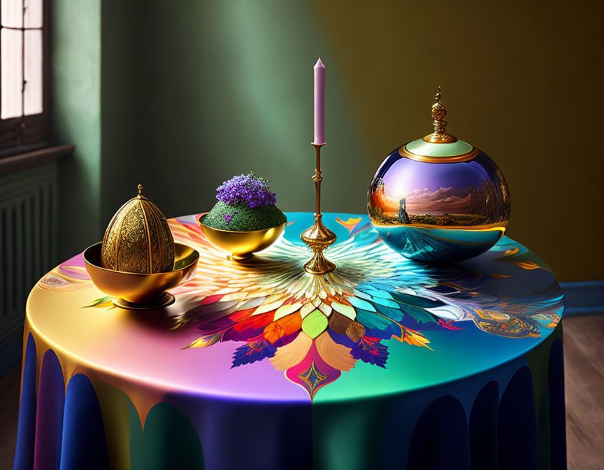 Colorful table setting with purple candle, golden sphere, and floral bowl on green wall