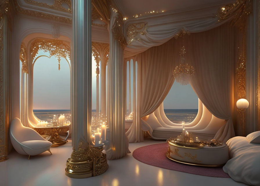 Opulent Gold Accents, Ocean View, Modern Chair, Cozy Bed Nook