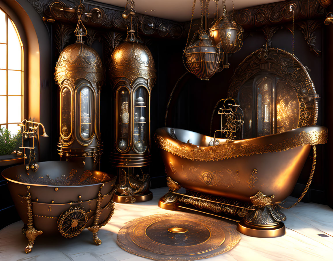 Luxurious Bathroom with Golden Fixtures and Lavish Bathtub