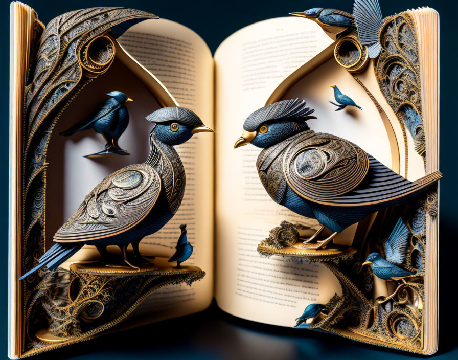 Intricate Paper Art Depicting Bluebirds and Floral Patterns