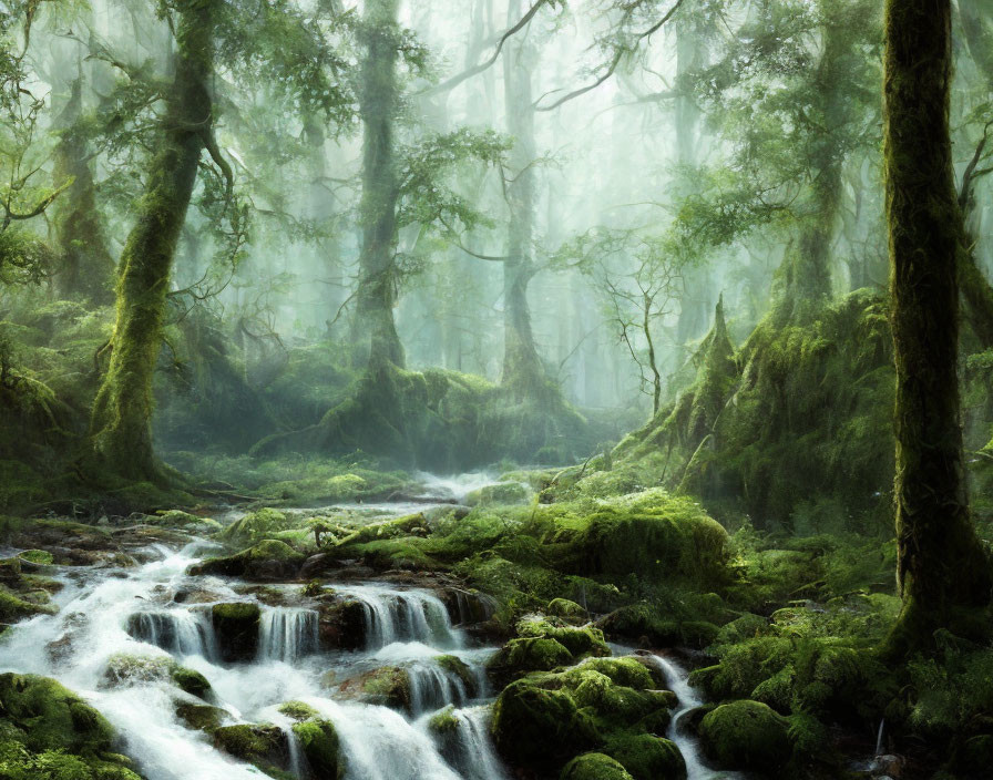 Lush Green Moss-Covered Trees in Misty Forest