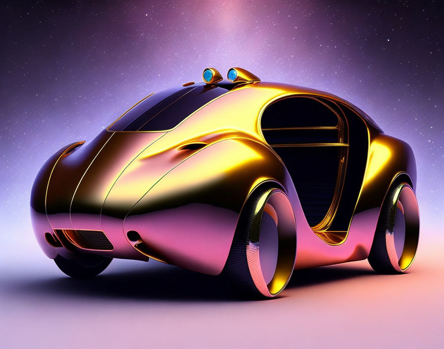 Futuristic glossy golden car on starry purple background