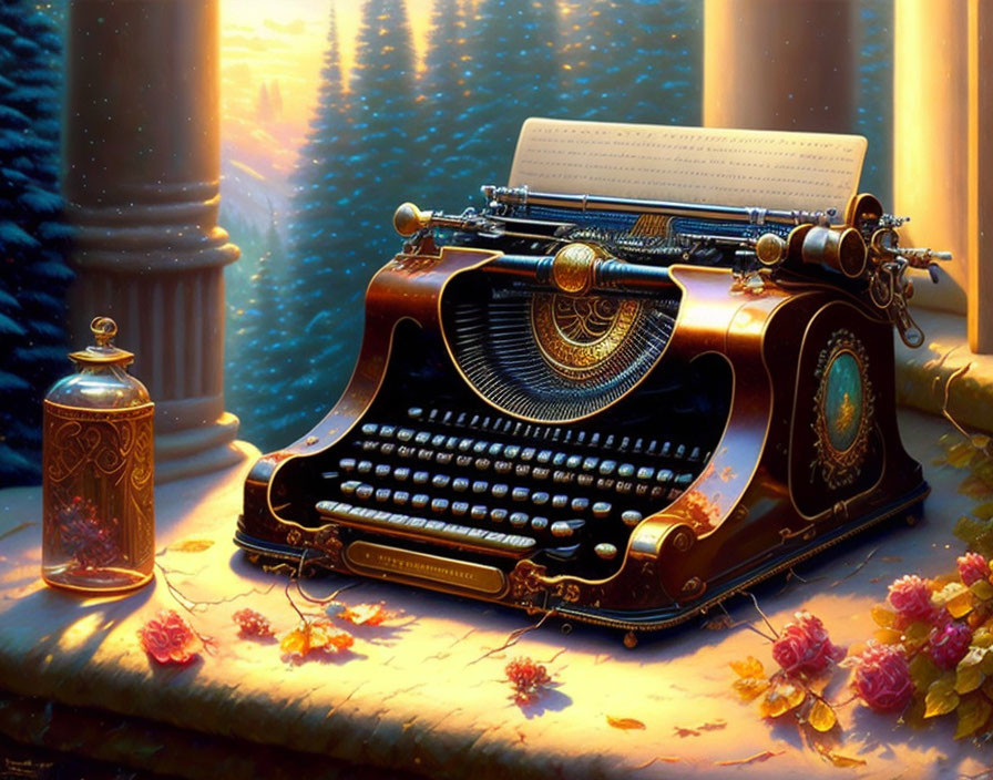 Vintage Typewriter on Desk with Inkwell in Sunlight and Petals