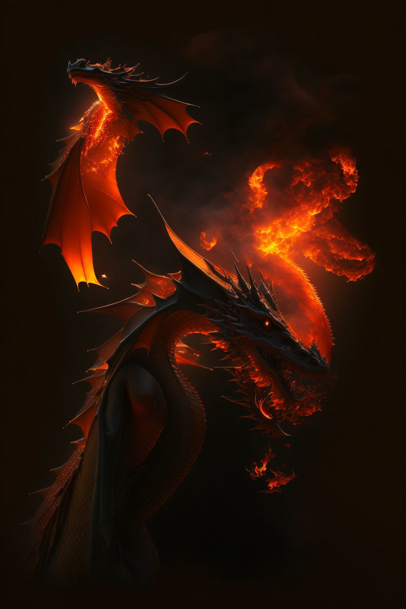 Fiery dragon breathing fire against dark backdrop