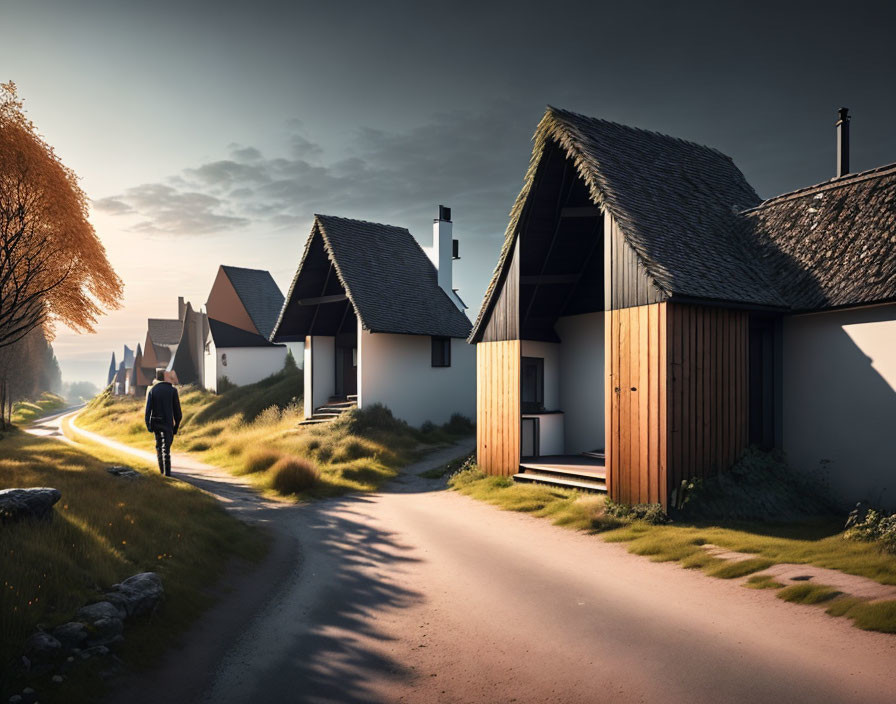 Person Walking on Village Road Flanked by Thatched Houses at Golden Hour