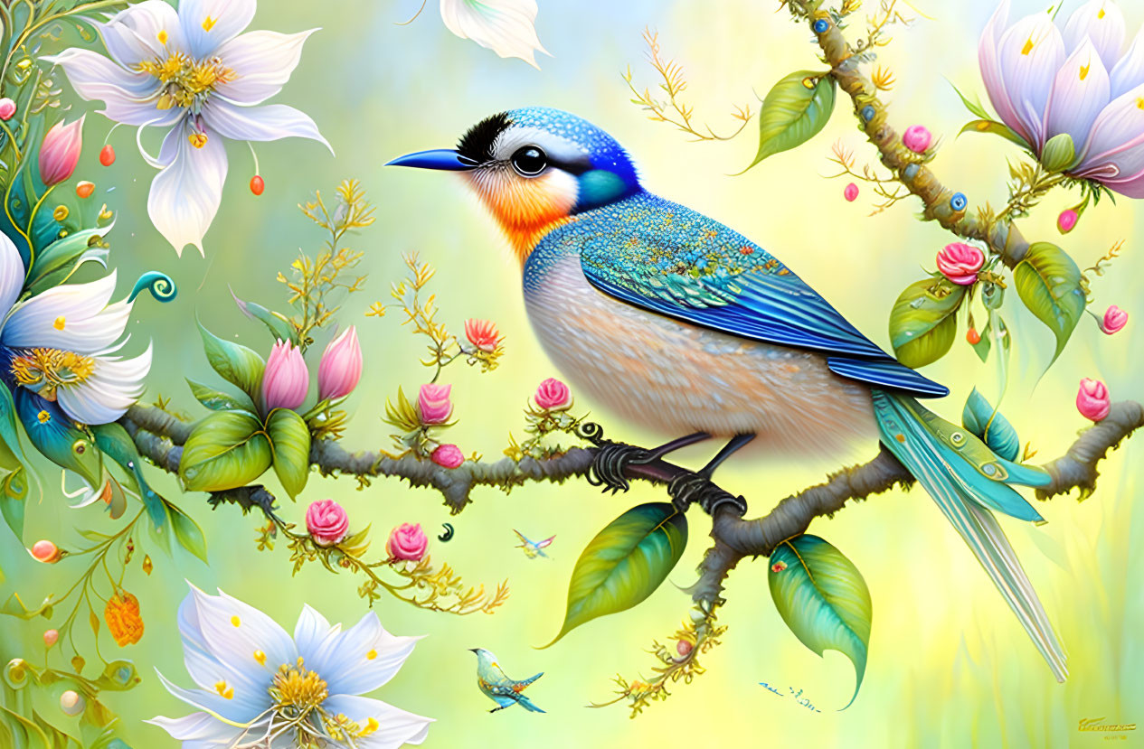 Colorful Bird Illustration on Bloom-Laden Branch with Flowers