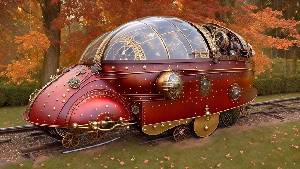 Steampunk-style train on autumnal tree-lined tracks