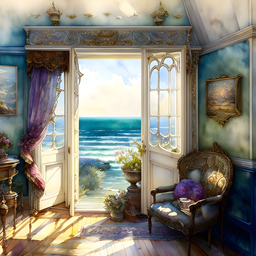 Luxurious Room with Seaside View, Ornate Furniture, Paintings, and Flowers