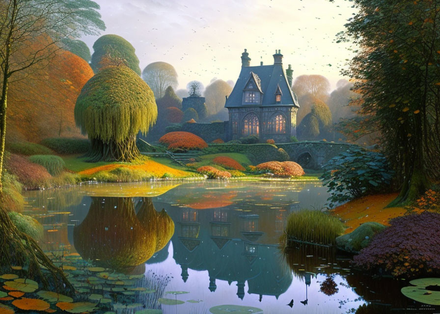 Tranquil fantasy landscape with house by reflective lake & colorful trees at twilight