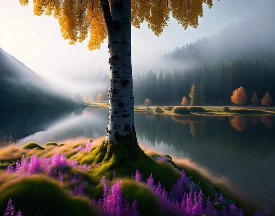 Tranquil autumn landscape with birch tree, golden foliage, purple flowers, misty lake.