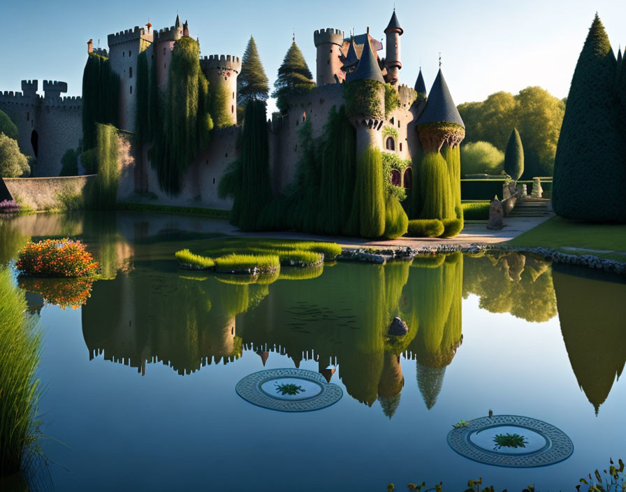 Castle with turrets and greenery reflected in tranquil pond at sunrise or sunset