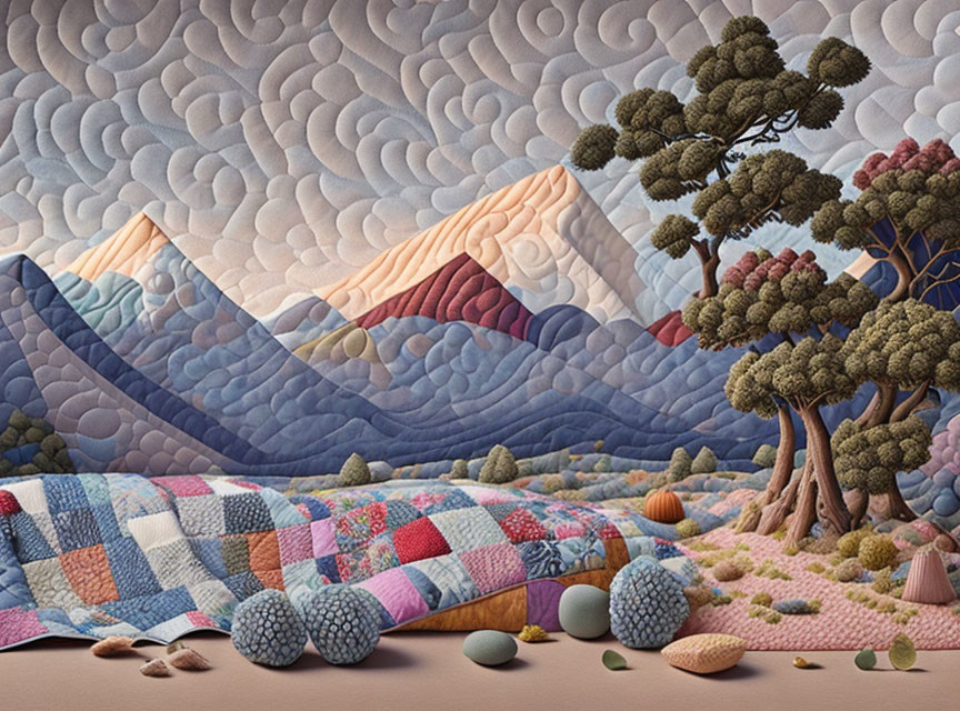 Patchwork Quilt Landscape Artwork Featuring Mountains, Clouds, Trees, and Stones