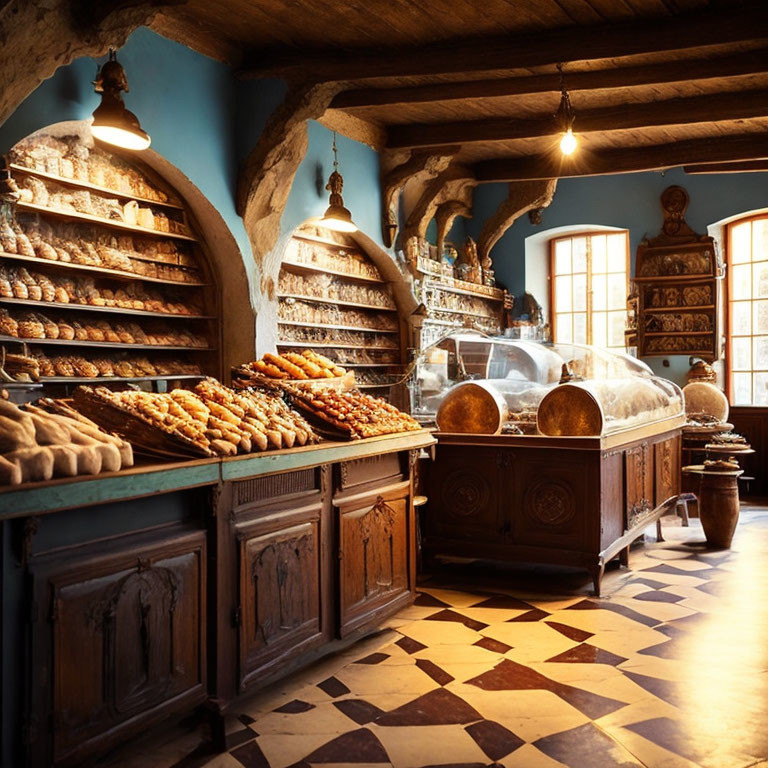 Cozy bakery interior with arched ceilings and wooden shelves filled with bread loaves.