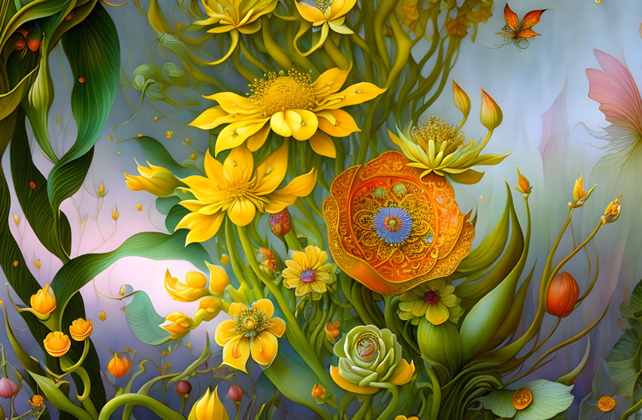 Colorful digital artwork: yellow flowers, greenery, butterflies, ornate mandala pattern