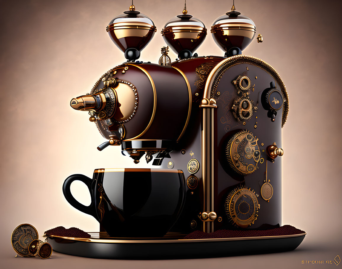 Steampunk-style espresso machine with brass accents and gears on maroon base.