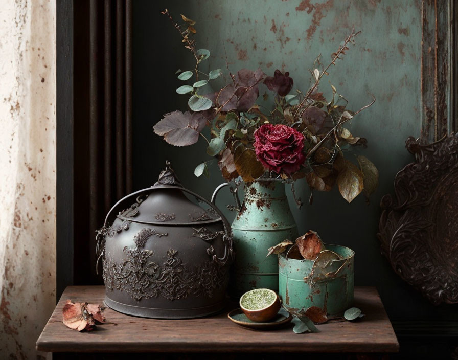 Dark Teapot, Green Vases, Dried Flowers & Green Powder on Wooden Surface