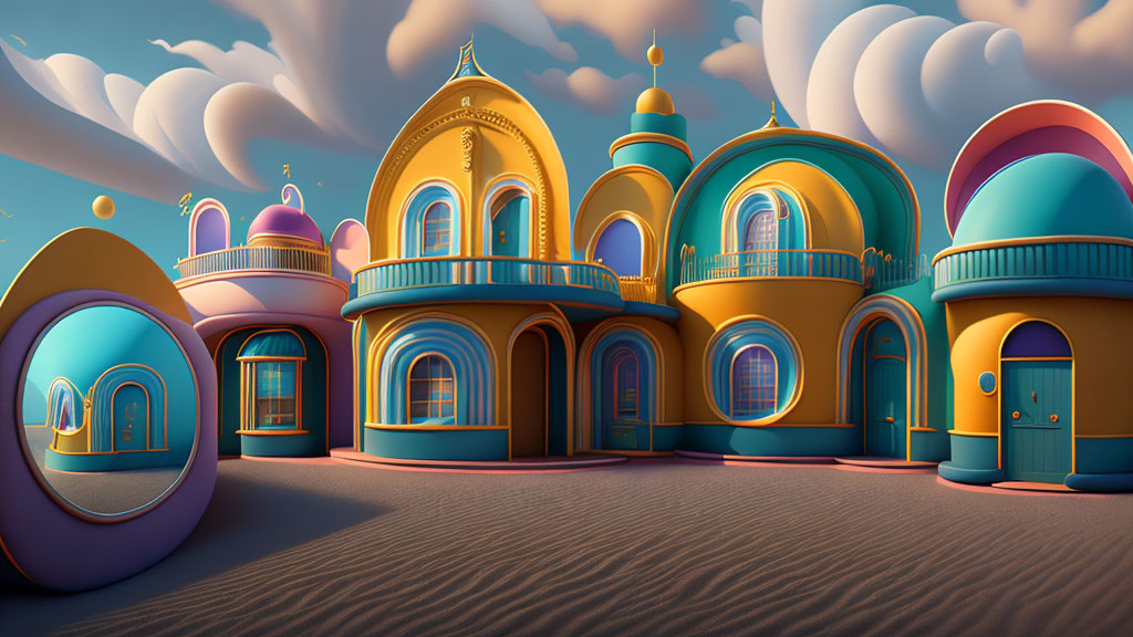 Vibrant Cartoon Fantasy Architecture with Domed Buildings