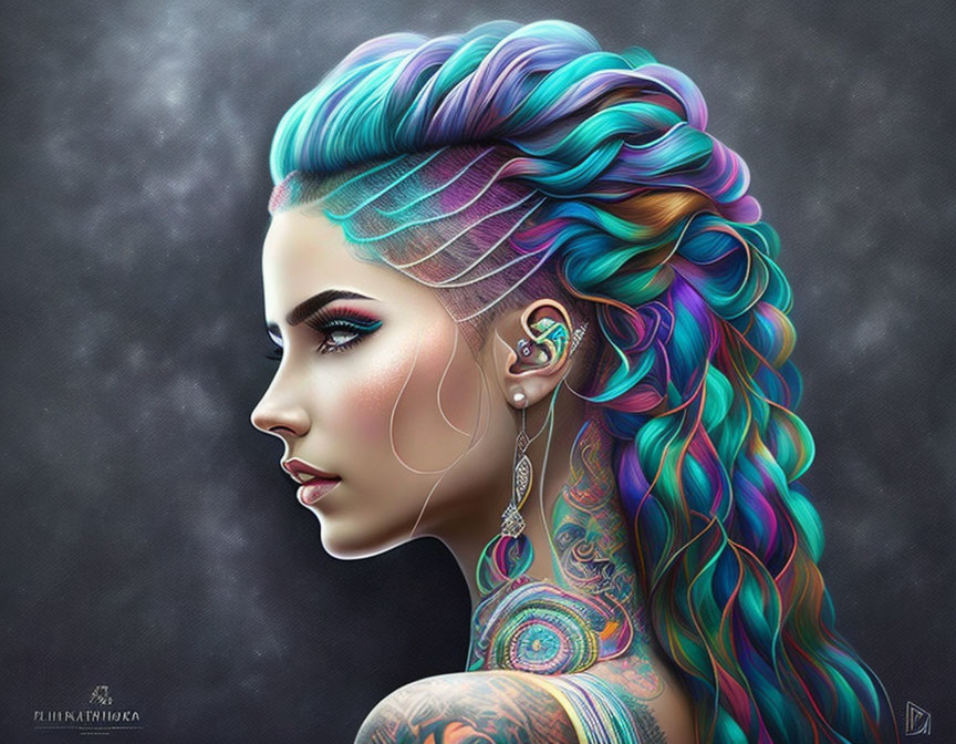 Vibrantly colored hair woman with tattoos and ornate earring