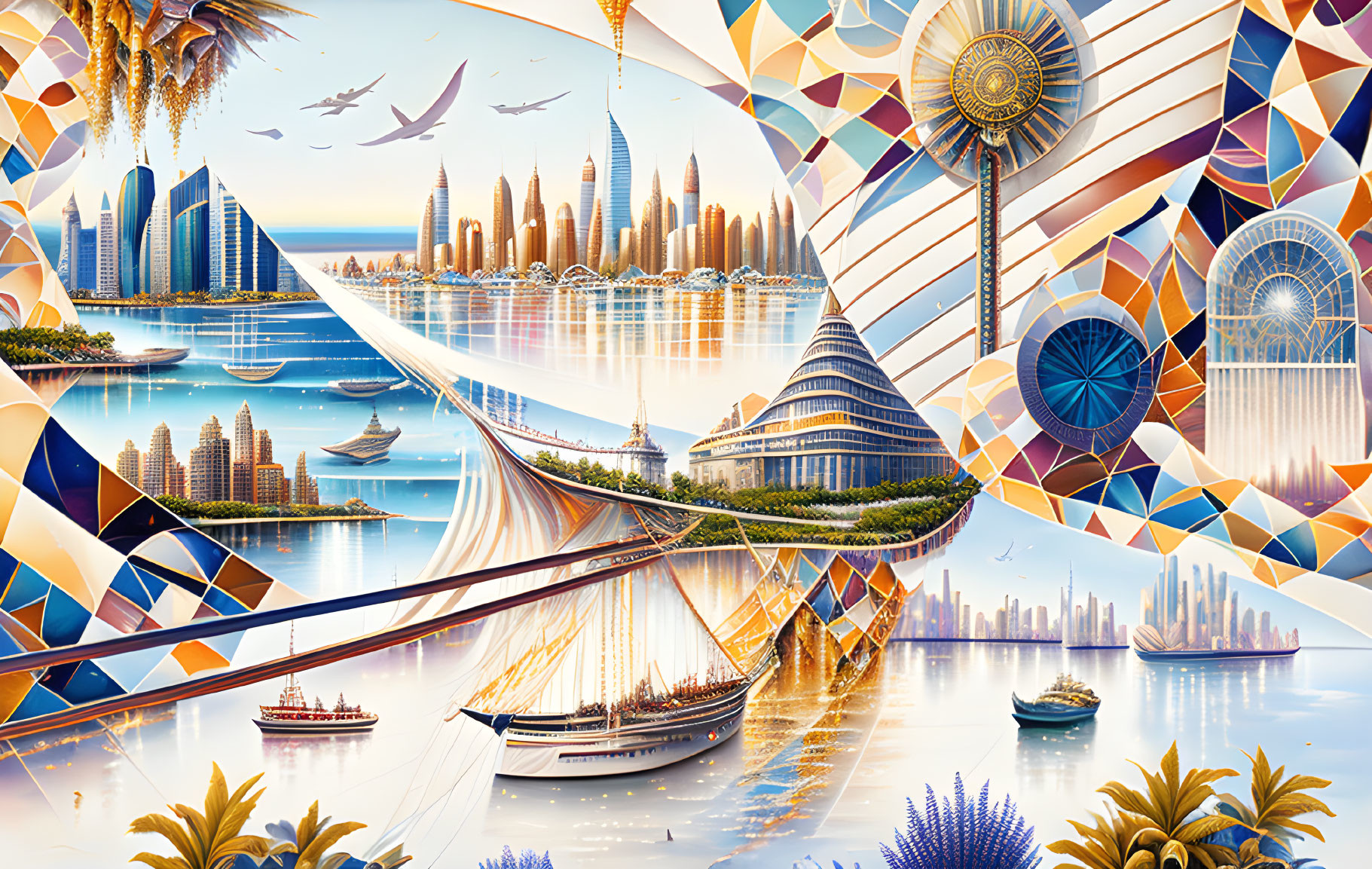 Colorful collage of futuristic buildings, sailboats, geometric patterns, water, and birds