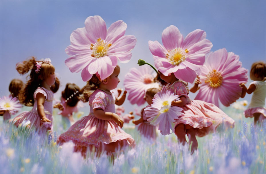 Children with oversized flower heads in lavender field