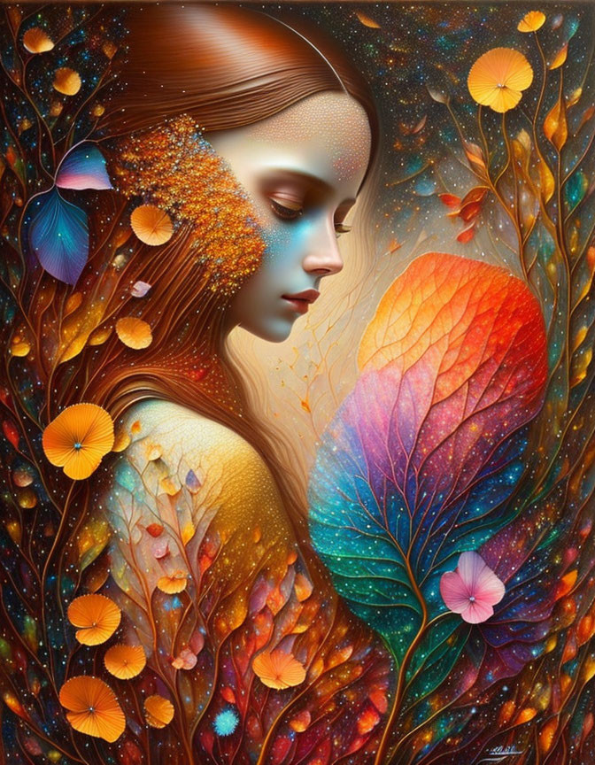 Vibrant nature-themed artwork with woman and butterfly in fantasy setting