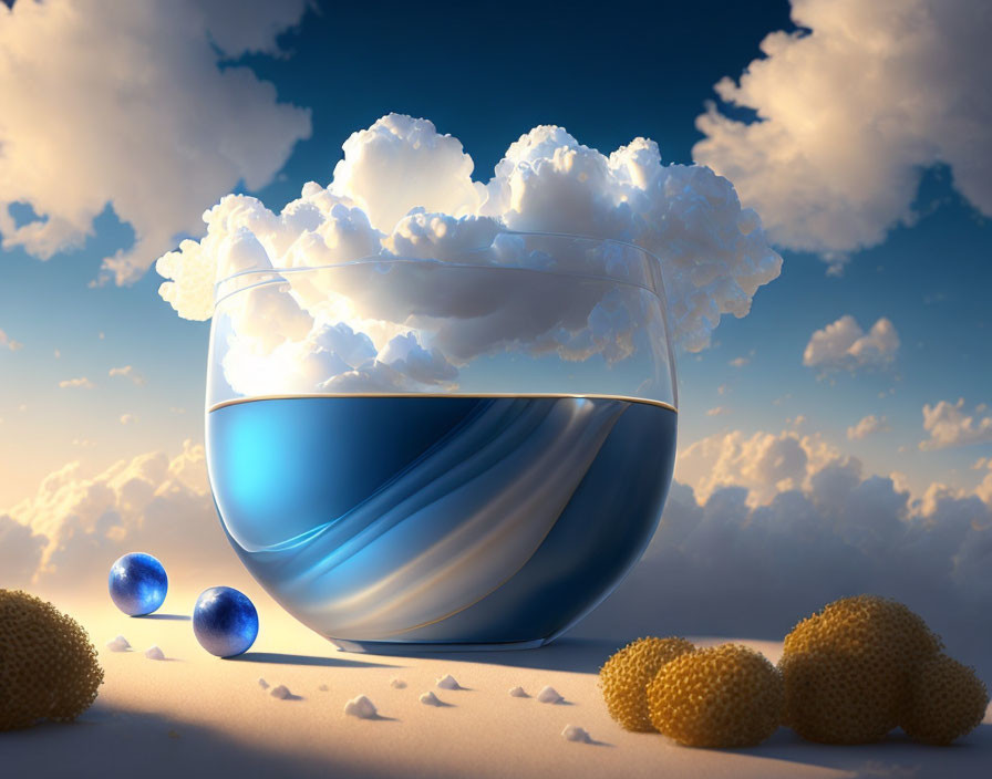 Surreal glass bowl with ocean water, floating clouds, and yellow formations