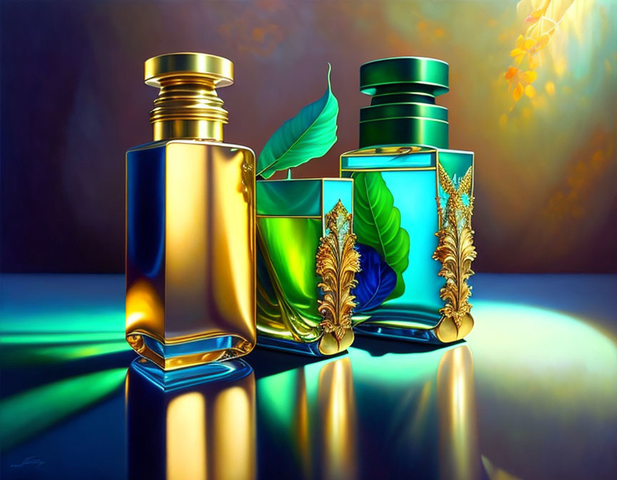 Three ornate perfume bottles with vibrant leaves and soft glow on glossy surface