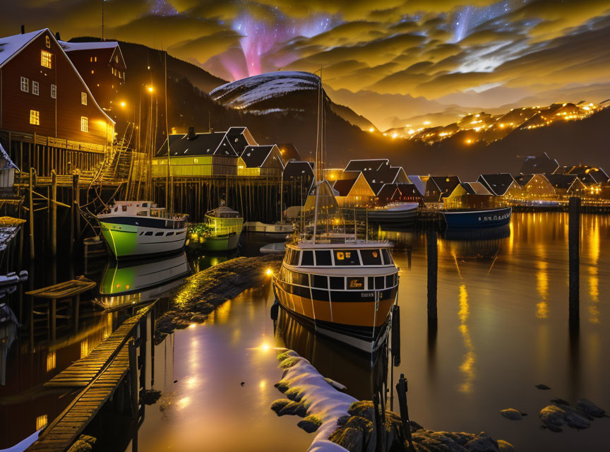 Snowy waterfront: Boats, colorful houses, night sky with aurora borealis