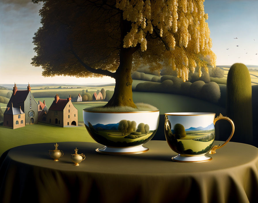 Surreal tabletop scene with tree, buildings, and teacups merging seamlessly