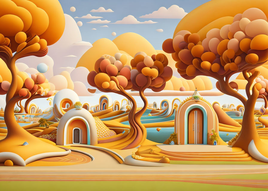 Autumn-themed illustration with orange trees, pathways, houses under cloudy sky