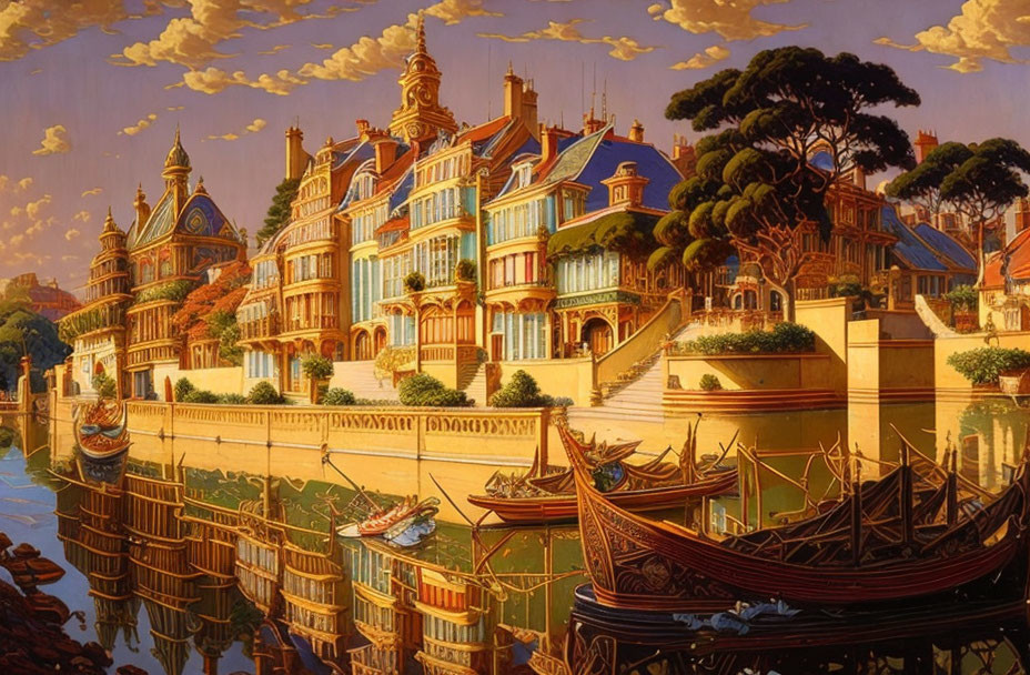 Colorful European Canal Painting at Sunset