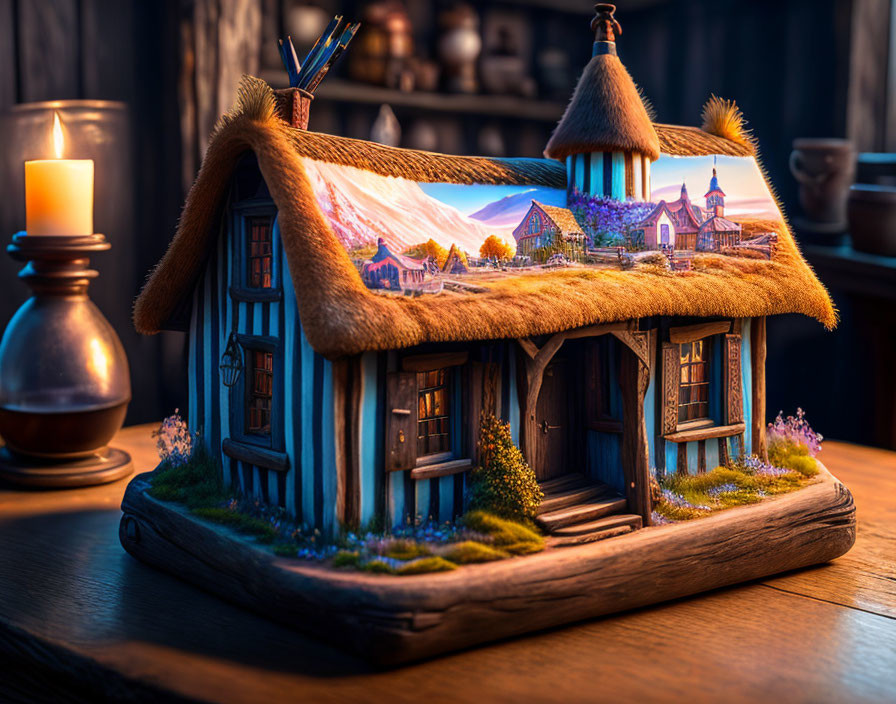 Miniature wooden house with thatched roof and warm lighting beside lit candle