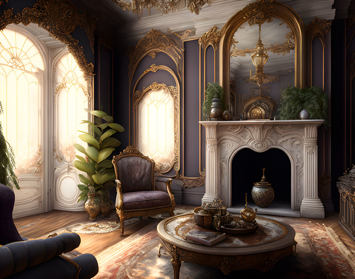 Vintage Room with Golden Decor, Fireplace, Plush Chairs, and Arch Windows