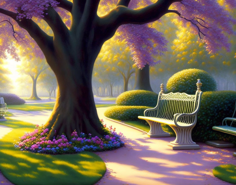 Tranquil Park Scene with Purple Trees and White Benches