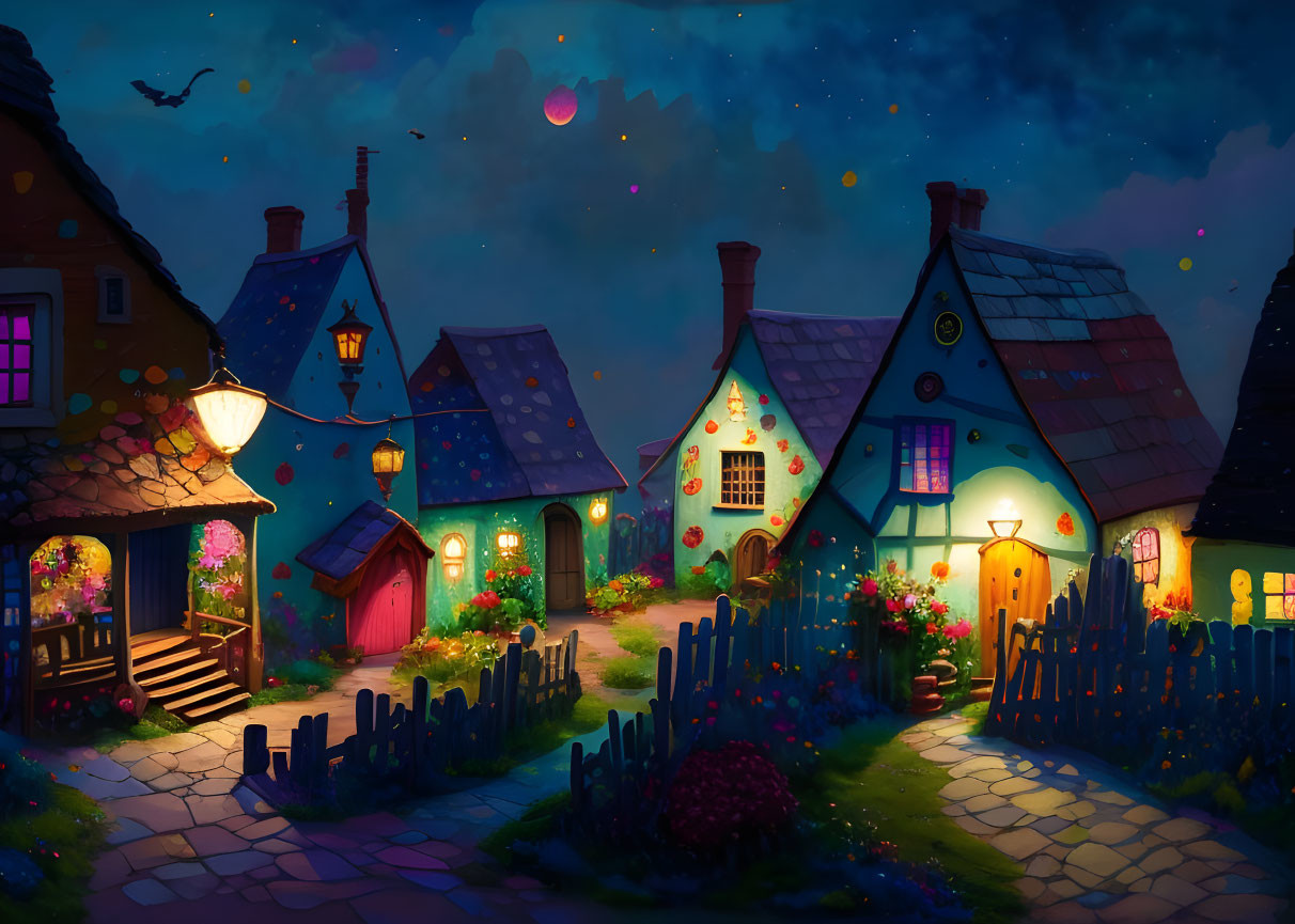 Colorful Cozy Cottages in Whimsical Night Scene