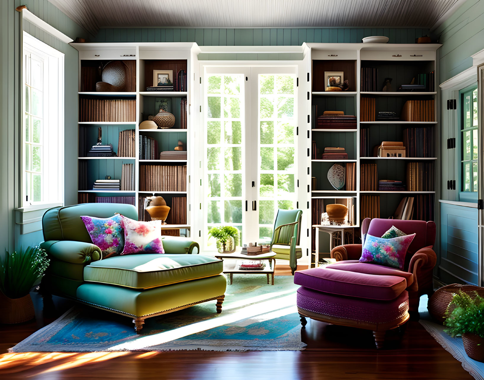 Well-lit cozy room with bookshelves, colorful armchairs, green ottoman, house