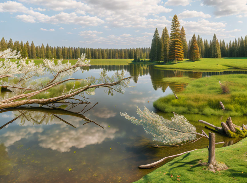 Serene Lake Reflection Amid Greenery and Blue Sky