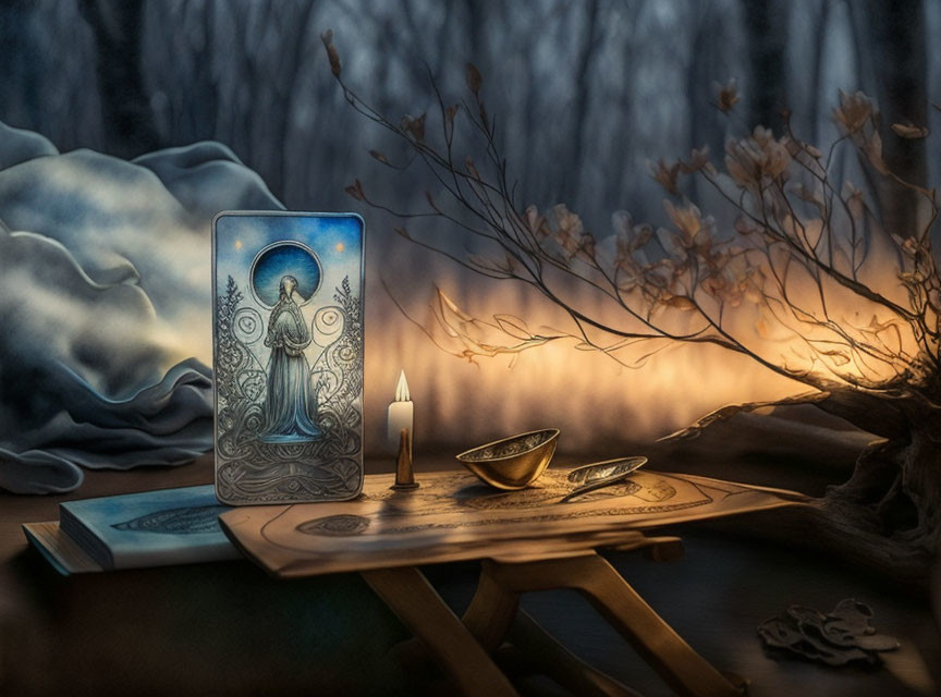 Mystical tarot card, lit candle, bowls, book, and branch in forest setting