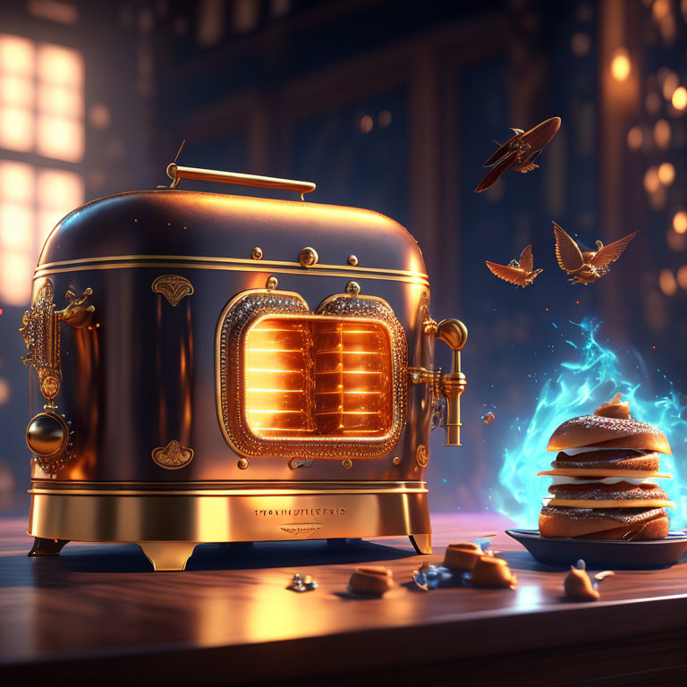 Stylized retro toaster with glowing bread slots and floating toast pieces in warm bokeh-lit scene