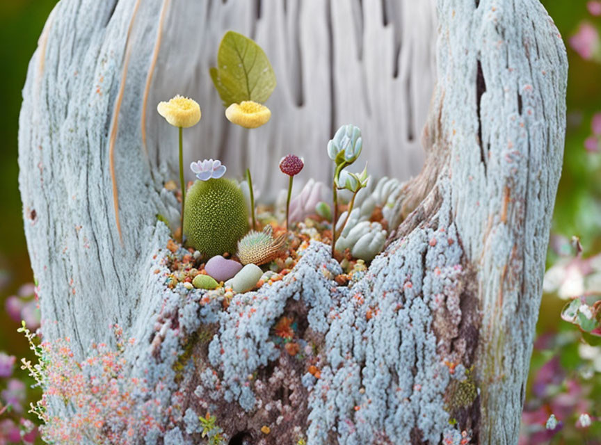 Assorted small plants in hollow tree stump with succulents and flowers