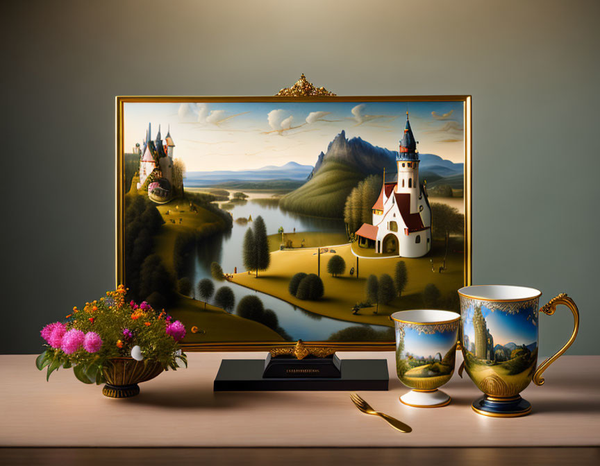 Surreal landscape painting with castles, church, cups, fork, and flowers on table