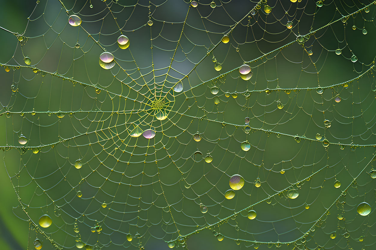 Intricate spider web with dewdrops on green backdrop