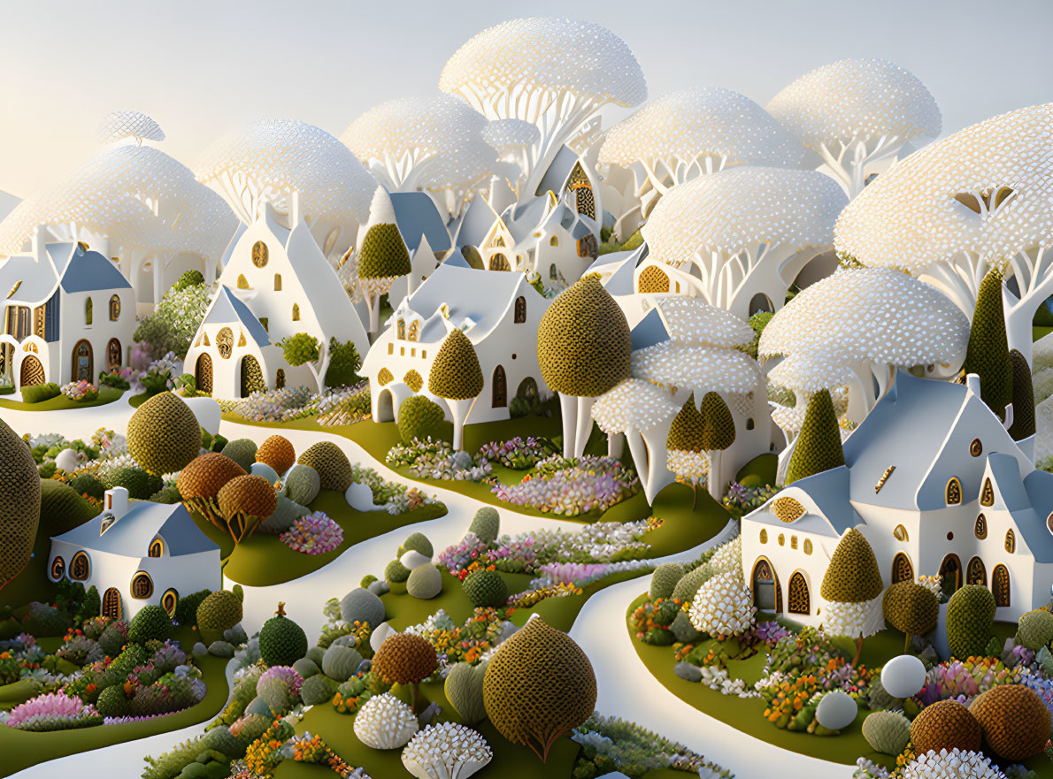 Enchanting village with mushroom-shaped trees and colorful gardens