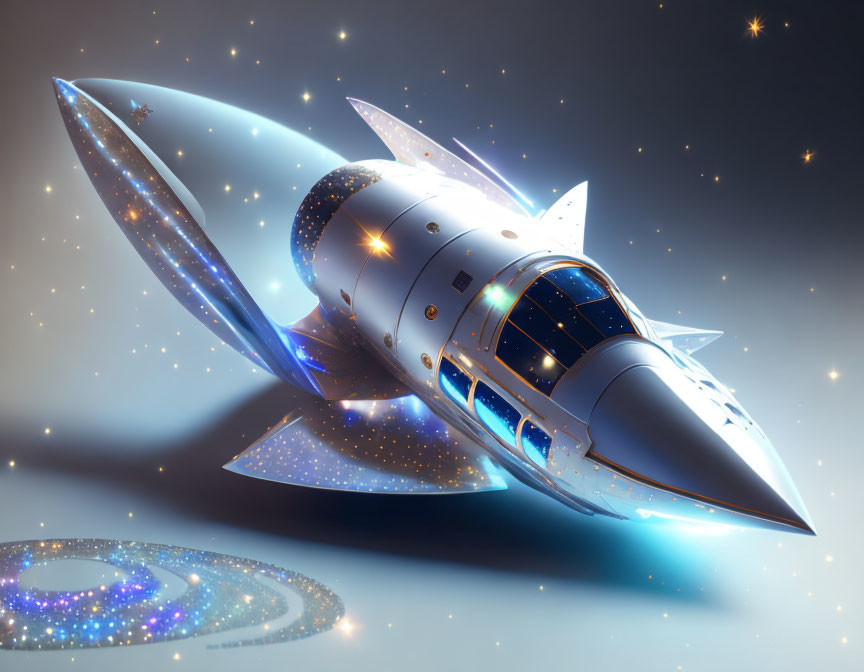 Futuristic spaceship with glowing wings and body in starry space