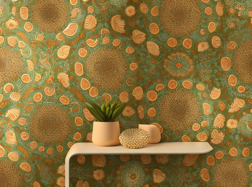 Potted plant and patterned sphere on shelf against green and orange floral wallpaper