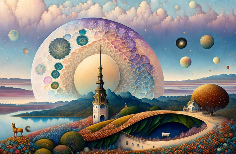 Surreal landscape with intricate moon, celestial orbs, winding path, tower, animals, vibrant tree