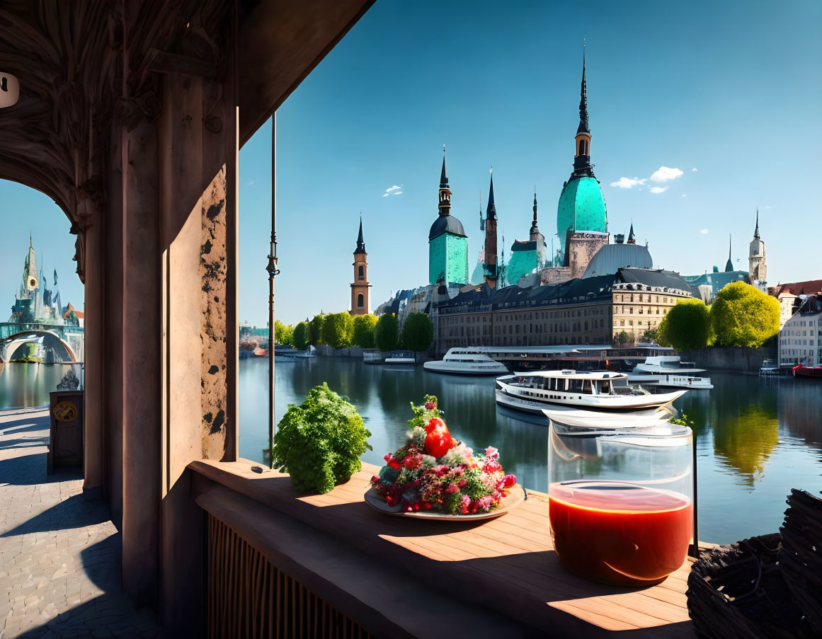 Riverside cityscape with green-domed buildings, boats, bridge, and clear skies